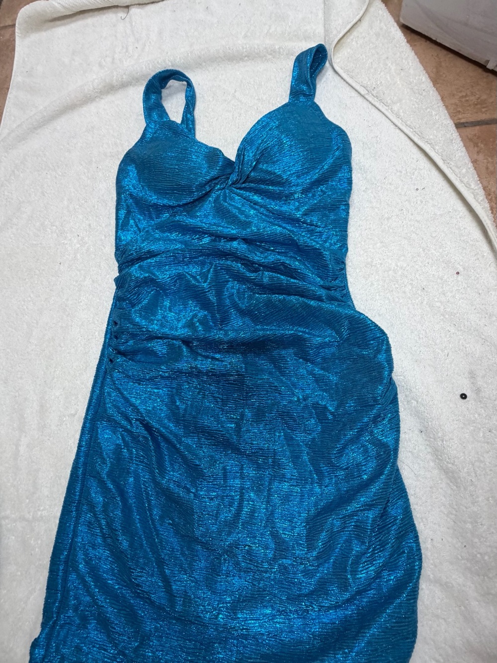 SHEIN Shimmery Teal Sleeveless Ruched Mini Dress